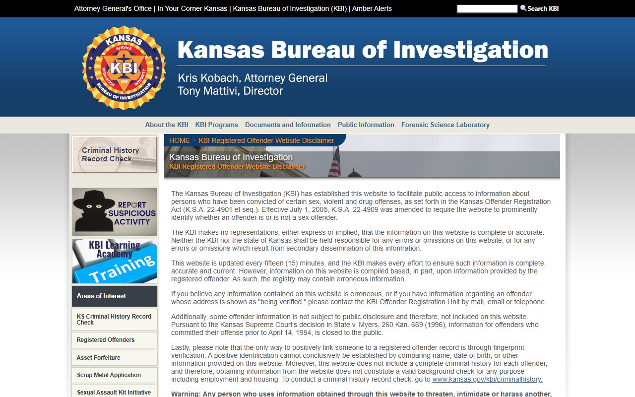 Ottawa County arrest records and KBI registered offender search limits