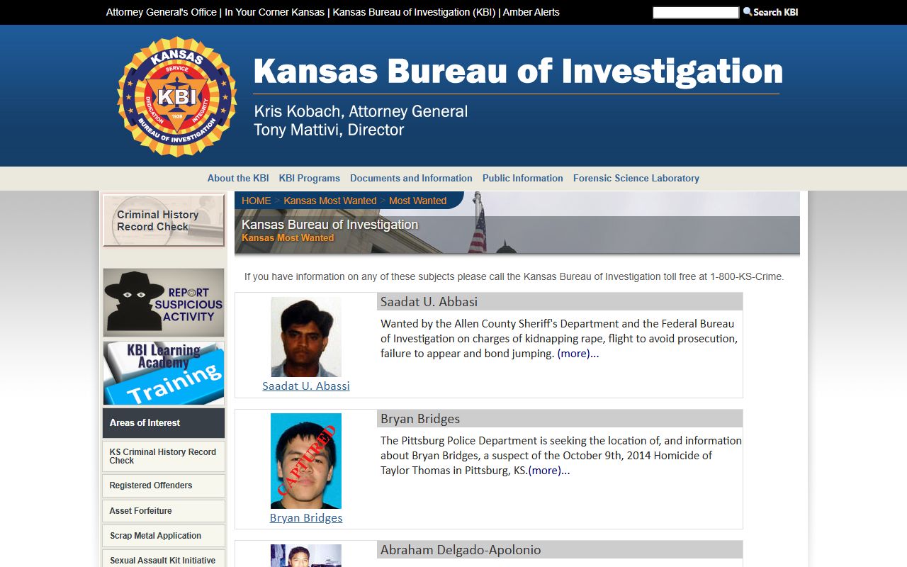Ottawa County arrest records and KBI most wanted statewide page