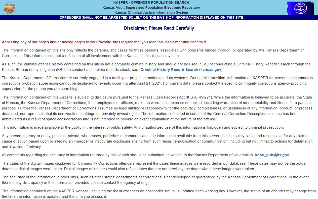 Ottawa County inmate records KDOC KASPER disclaimer